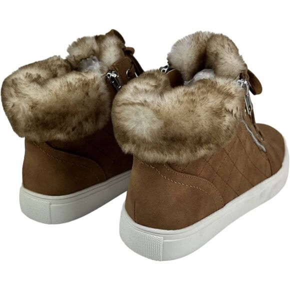 New Report Women US 7.5 Brown Shoes Fur High Top Sneakers Lace Up Zip Booties - Picture 6 of 11